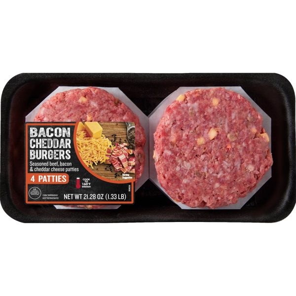 Bacon Cheddar Ground Beef Burgers, 4 Count, 1.33 lb Tray Online now