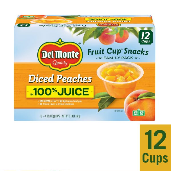 (12 Cups) Del Monte Diced Peaches Fruit Cup Snacks, 100% Juice, 4 oz Fashion