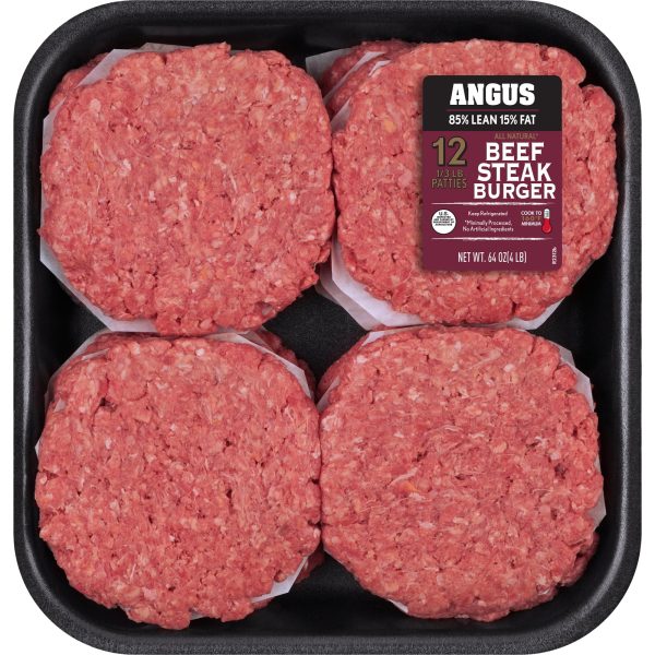 All Natural* 85% Lean 15% Fat Angus Ground Beef Steak Burgers, 12 Count, 4 lb Tray For Discount