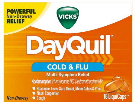 Vicks DayQuil Cold & Flu Medicine, Non-Drowsy Multi-Symptom Relief, 16 LiquiCaps (Pack of 1) Supply