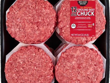 All Natural* 80% Lean 20% Fat Ground Beef Chuck Patties, 12 Count, 4 lb Tray Online Sale