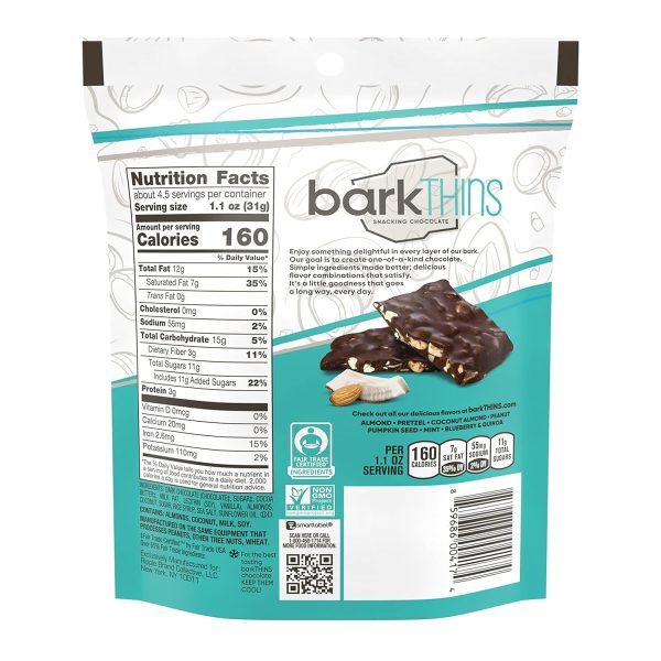 barkTHINS Dark Chocolate Coconut and Almond Snacking Chocolate, Fair Trade, Non GMO, 4.7 oz Bag Sale