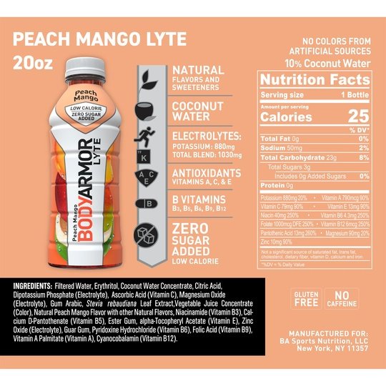 BODYARMOR LYTE Peach Mango, 20 fl oz, 6 Pack Discount