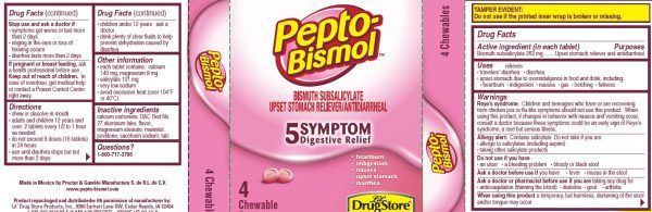 Pepto Bismol Chewable Tablets, Upset Stomach Relief, 4 Count (Pack of 1) Supply